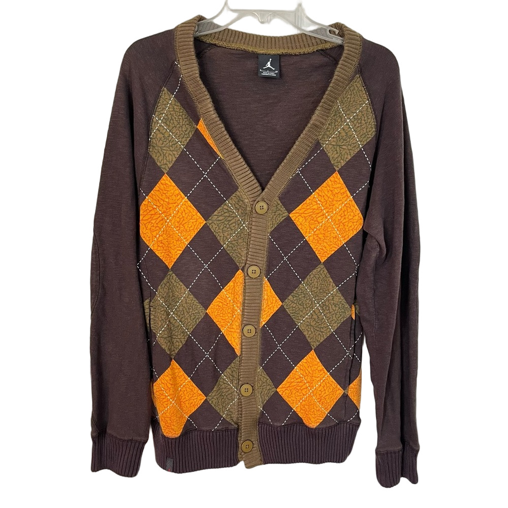 Jordan Men’s Argyle Knit Cardigan Sweater Brown Orange Green Elbow Patch Small